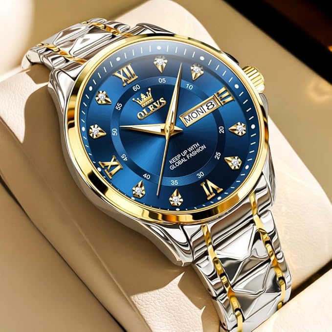 OLEVS Men’s Fashion Diamond Analog Quartz Watch with Stainless Steel Strap, Waterproof Design, Luminous Display & Date Function